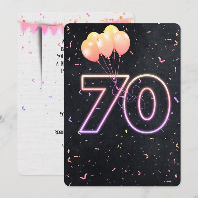 70.º cumpleaños Rótulo neón en invitación negra (Anverso / Reverso)