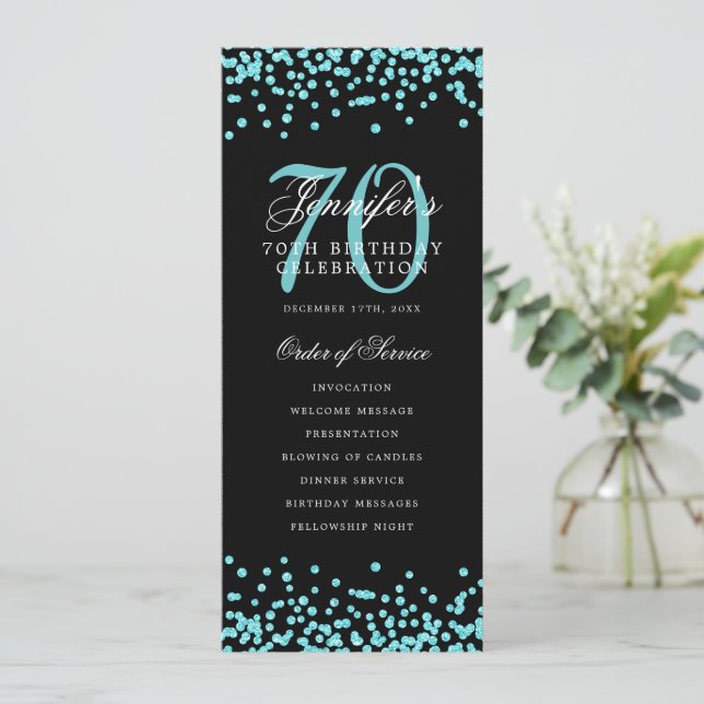 70.º menú del programa de cumpleaños gracias negro (Anverso de pie)