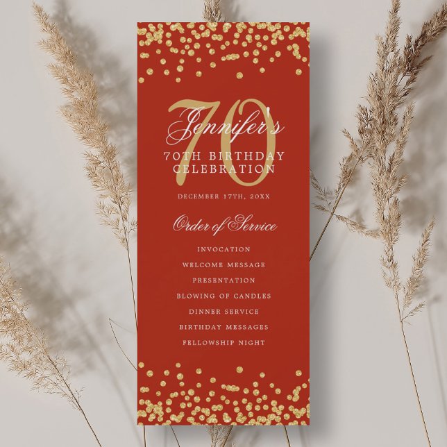 70.º Programa de Cumpleaños Gold Red Confetti (70th Birthday Program Gold Red Confetti)
