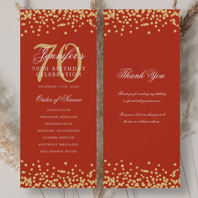 70.º Programa de Cumpleaños Gracias Red Gold (70th Birthday Program Thank You Gold Red )
