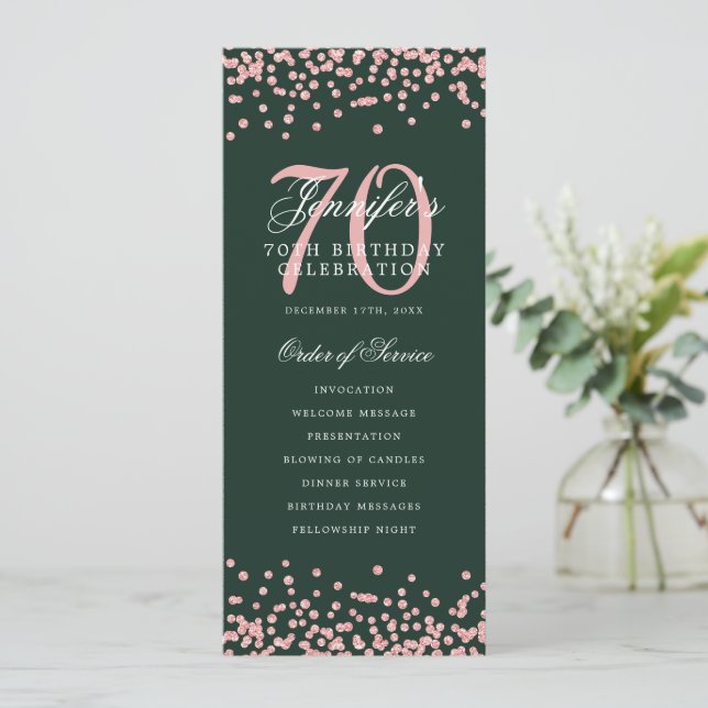 70.º Programa de Cumpleaños Rosa Menú Oro Verde (Anverso de pie)