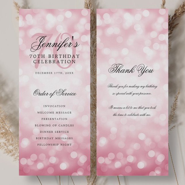 70.º programa de cumpleaños Rubor Pink Bokeh Graci (70th Birthday Program Blush Pink Bokeh Thank You)