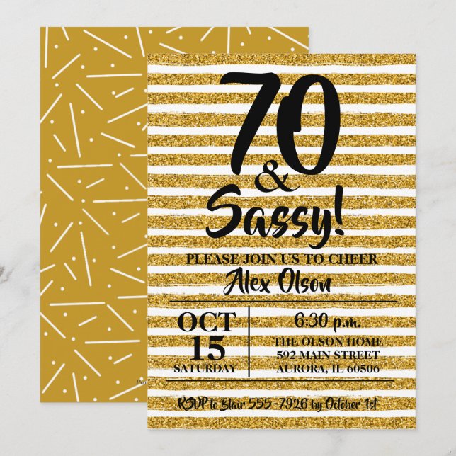 70.º Purpurina de oro Stripes Invitaciones de cump (Anverso / Reverso)
