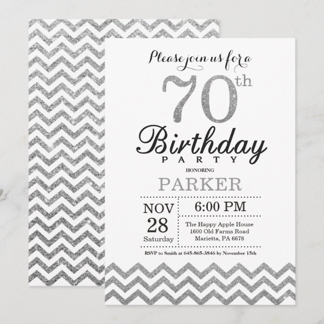 70.º Purpurina plateado de la invitación al cumple (Anverso / Reverso)