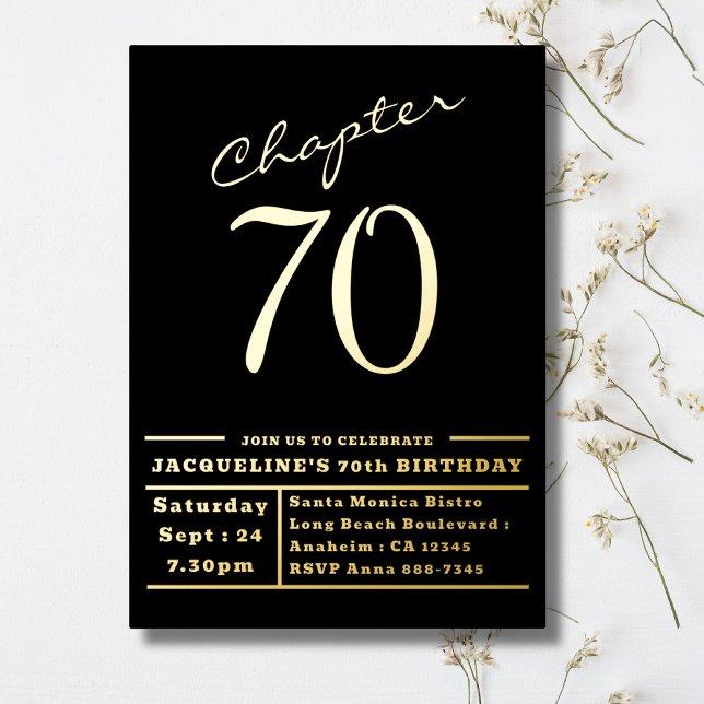 70 Invitación al Relieve metalizado dorado de la f (70th birthday black and gold foil elegant invitations.)