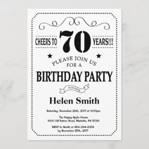 70.o Invitación del cumpleaños blanco y negro