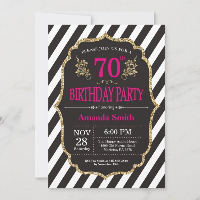 70.o Invitación del cumpleaños. Negro y purpurina (Anverso)