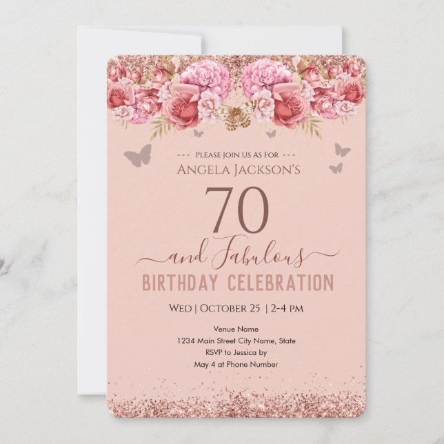 70 y fabulosa invitación rosa de cumpleaños para a (Anverso)