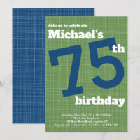 75ª invitación de cumpleaños azul con acento verde