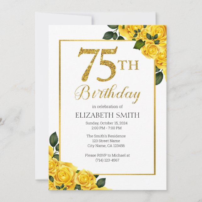 75.ª plantilla de invitación de cumpleaños rosas a (Anverso)