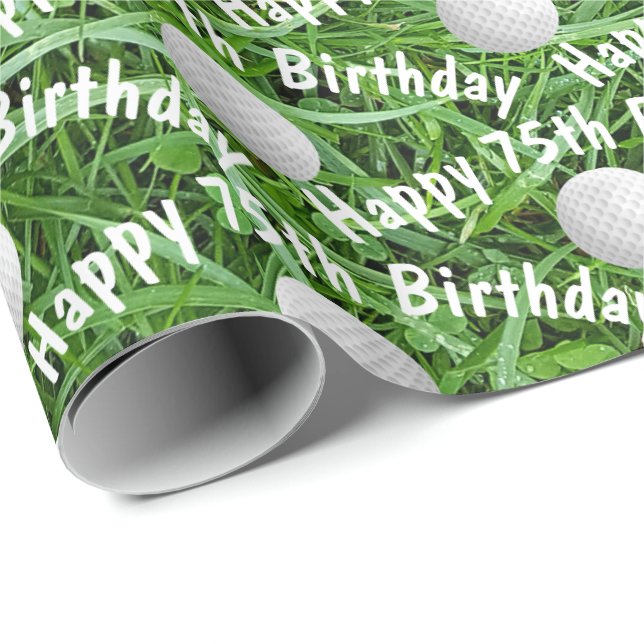75.º cumpleaños: Bolas de golf sobre papel de envo (Esquina del rollo)
