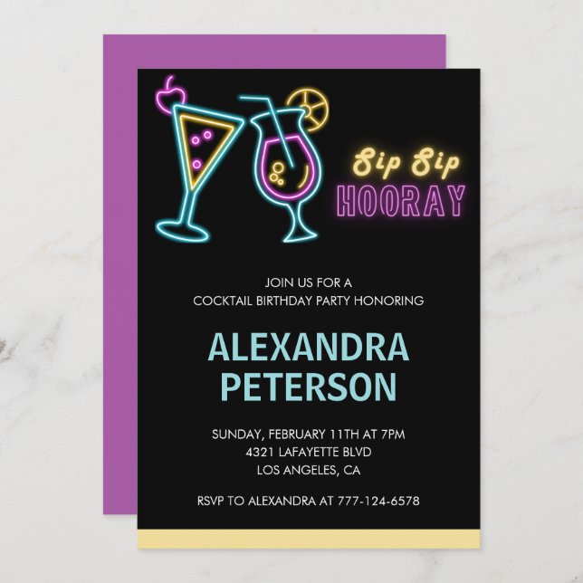 75 años invitaciones Cocktail Neon Glow (Anverso / Reverso)