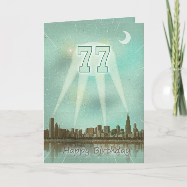 77.ª tarjeta de cumpleaños con ciudad y focos (Anverso)