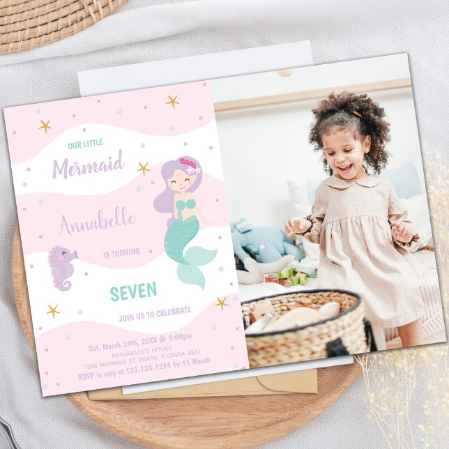 7.ª invitación a la sirena con foto (Seven Mermaid Birthday Invitations with photo)