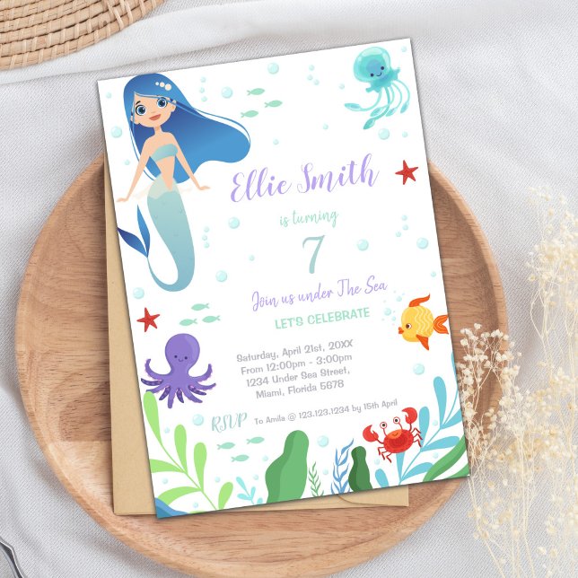 7.ª Invitación a la sirena de cumpleaños (7th Mermaid Birthday Invitations)