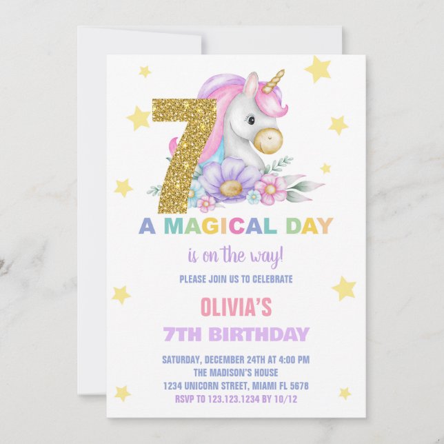 7.ª Invitación a los cumpleaños de Floral Unicorni (Anverso)