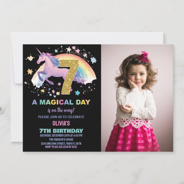 7.ª invitación a unicornio para el cumpleaños con  (Anverso)