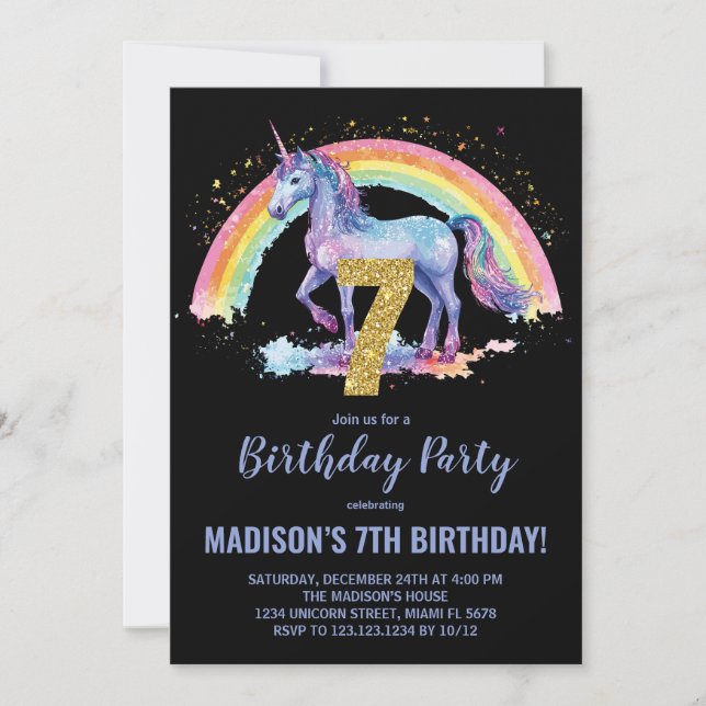 7.ª invitación de cumpleaños de Rainbow Unicorn (Anverso)