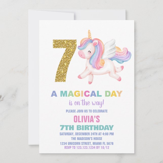 7.ª invitación de cumpleaños de Rainbow Unicorn (Anverso)