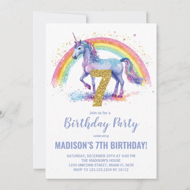 7.ª invitación de cumpleaños de Rainbow Unicorn (Anverso)