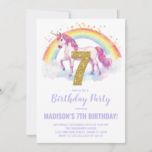 7.ª invitación de cumpleaños de Rainbow Unicorn (Anverso)