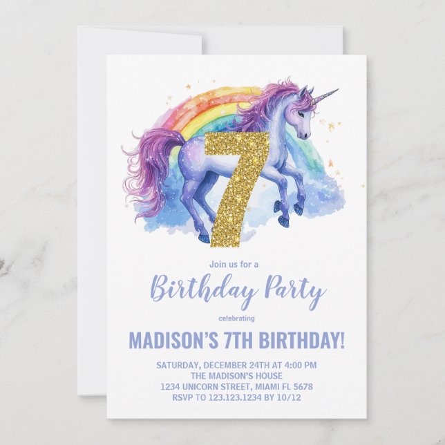 7.ª invitación de cumpleaños de Rainbow Unicorn (Anverso)