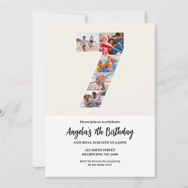7.ª invitación de cumpleaños Minimalista - Número  (Anverso)
