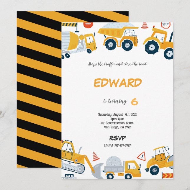 7.ª Invitación de un niño de construcción de cumpl (Anverso / Reverso)