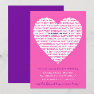 7.ª invitaciones de cumpleaños Pink Heart Modern