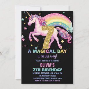 7.ª unicornio invitaciones de cumpleaños negro