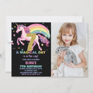 7.ª unicornio invitaciones de cumpleaños negro con