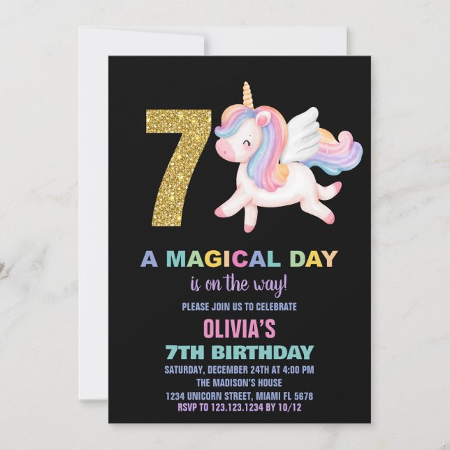 7.º arcoiris unicornio invitaciones de cumpleaños  (Anverso)