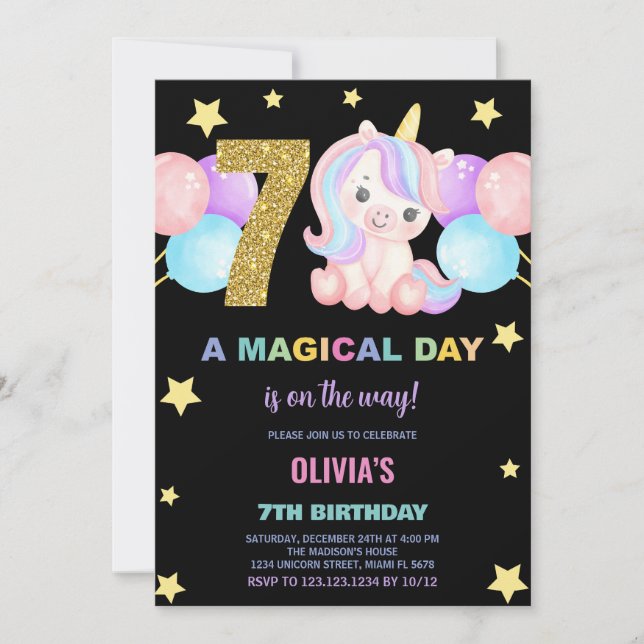 7.º cumpleaños de Unicornio invitaciones de cumple (Anverso)