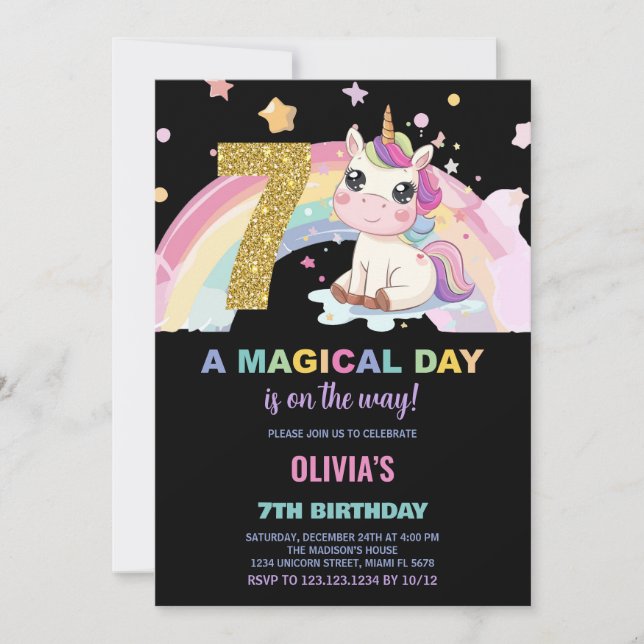 7.º cumpleaños de Unicornio invitaciones de cumple (Anverso)