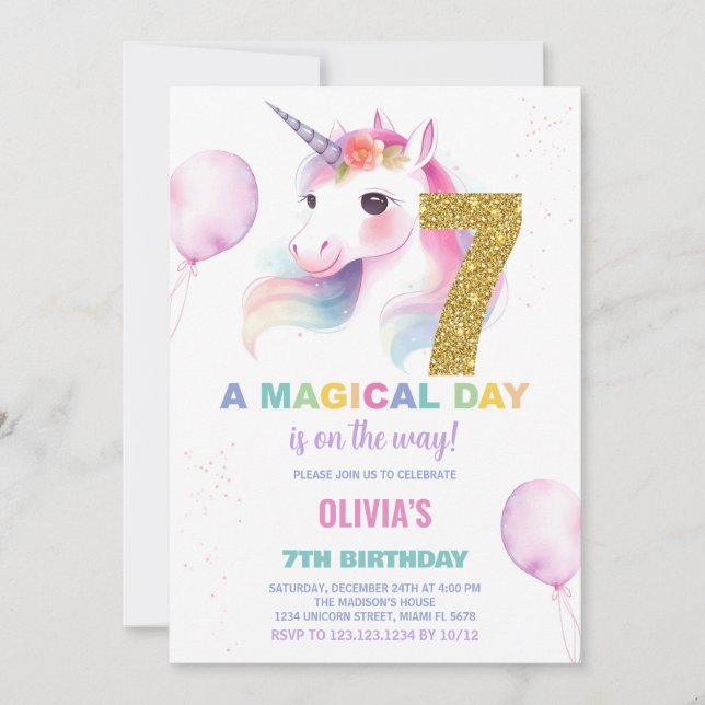 7.º cumpleaños de Unicornio invitaciones de cumple (Anverso)