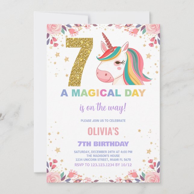 7.º cumpleaños de Unicornio invitaciones de cumple (Anverso)