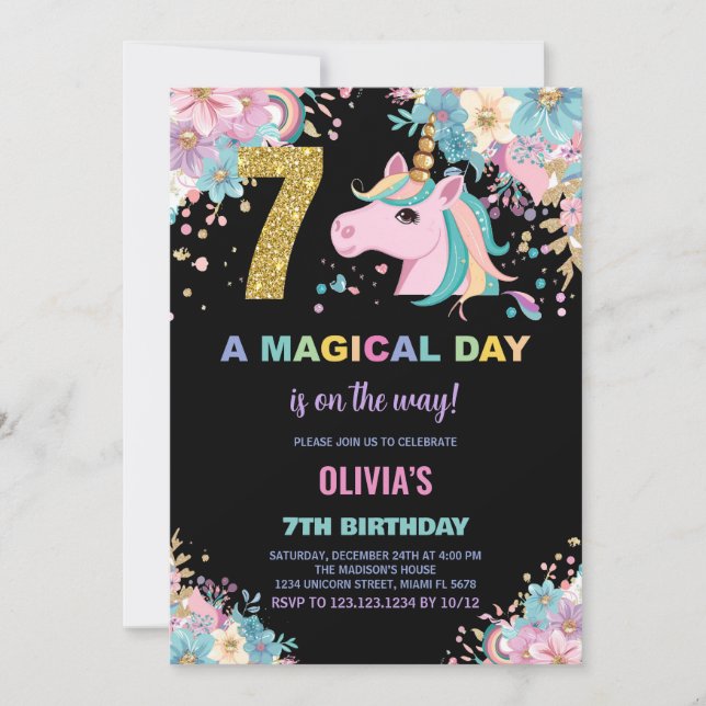 7.º cumpleaños de Unicornio invitaciones de cumple (Anverso)