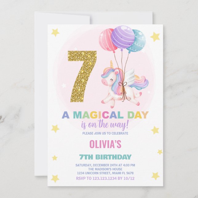 7.º cumpleaños de Unicornio invitaciones de cumple (Anverso)
