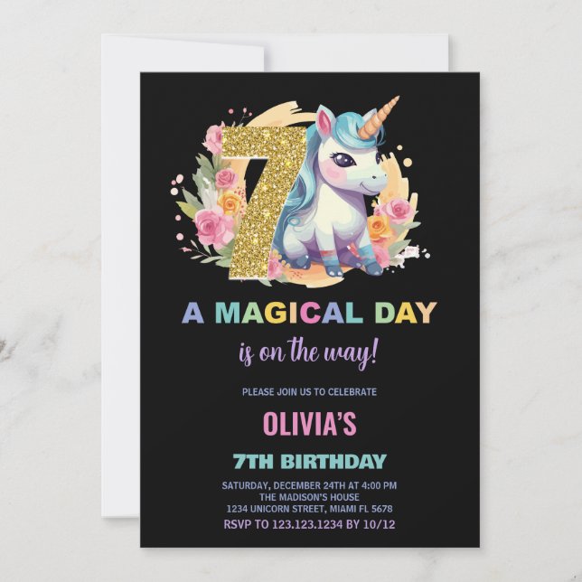 7.º cumpleaños de Unicornio invitaciones de cumple (Anverso)