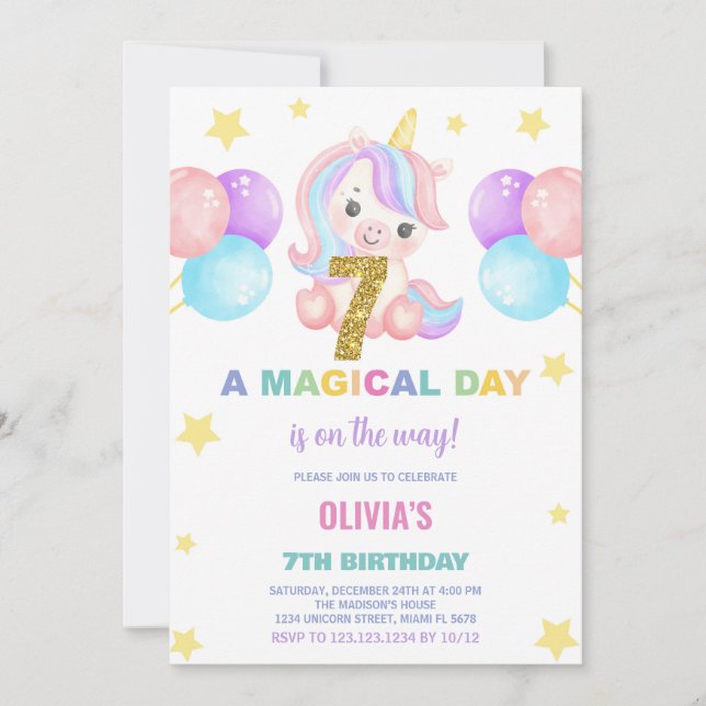 7.º cumpleaños de Unicornio invitaciones de cumple (Anverso)