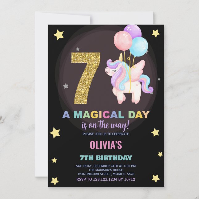 7.º cumpleaños de Unicornio invitaciones de cumple (Anverso)