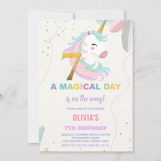 7.º cumpleaños de Unicornio invitaciones de cumple (Anverso)