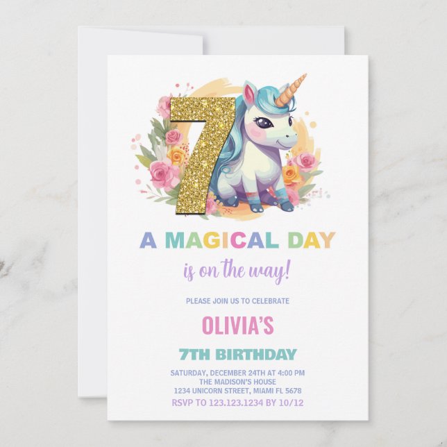 7.º cumpleaños de Unicornio invitaciones de cumple (Anverso)