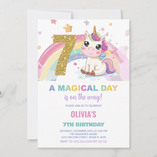 7.º cumpleaños de Unicornio invitaciones de cumple (Anverso)