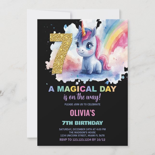 7.º cumpleaños de Unicornio invitaciones de cumple (Anverso)