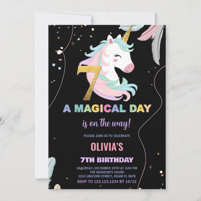 7.º cumpleaños de Unicornio invitaciones de cumple (Anverso)