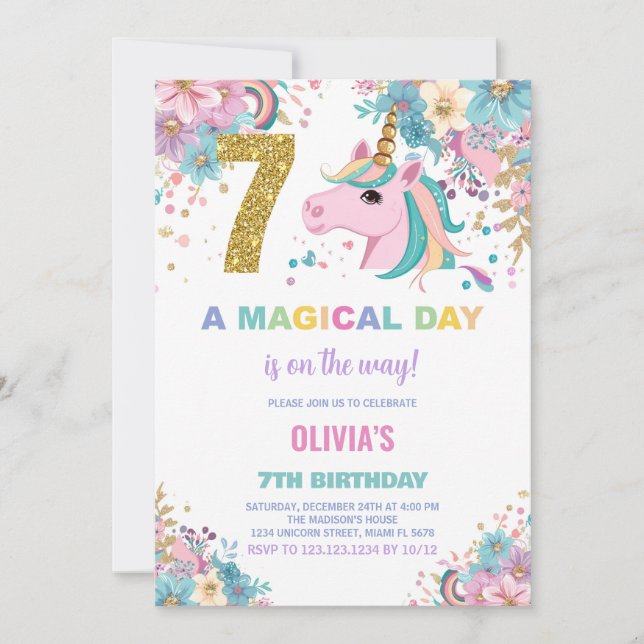 7.º cumpleaños de Unicornio invitaciones de cumple (Anverso)