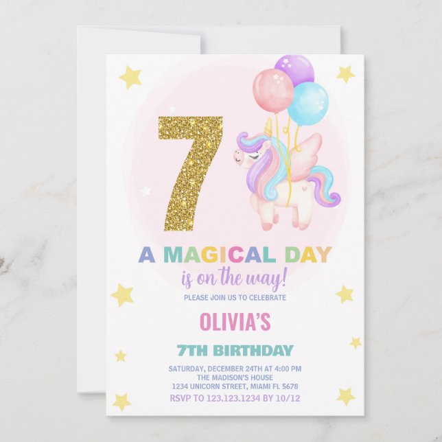 7.º cumpleaños de Unicornio invitaciones de cumple (Anverso)