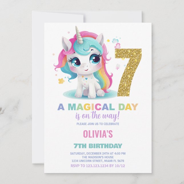 7.º cumpleaños de Unicornio invitaciones de cumple (Anverso)