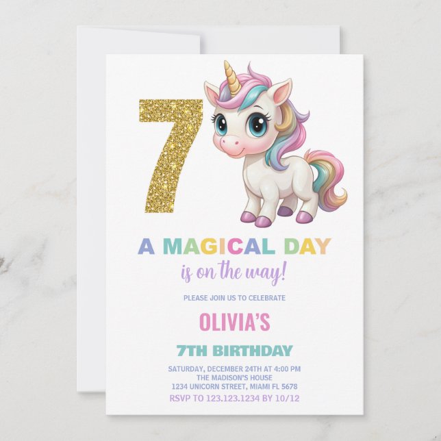 7.º cumpleaños de Unicornio invitaciones de cumple (Anverso)